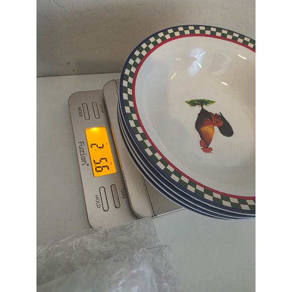 ELLA'S ROOSTER by International Red Checkered Border 6.5" Bowls Set of 4 - Picture 7 of 7